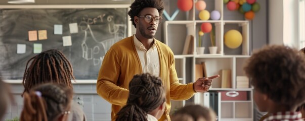 Afro men teacher portrait in clasroom, school concept banner. Generative AI.