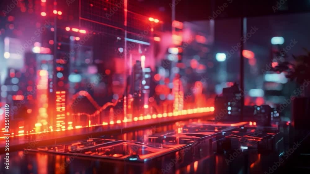 Poster a nighttime cityscape is seen through a window, with a large digital display showing data and graphs