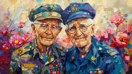 Fototapeta premium abstract art two war veterans smiling on flower background.