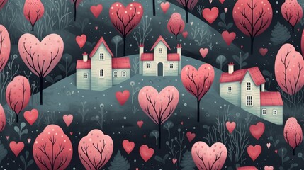Amazing background with pattern of trees of hearts and love houses
