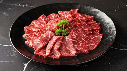 Premium and fresh beef slice in a black plate for shabu shabu or sukiyaki Suitable for backgrounds wallpapers and menus