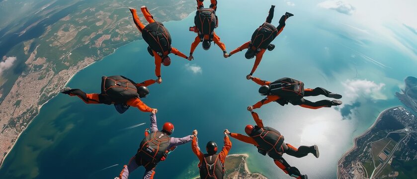 AI generator image of skydivers flying,  Parachuting view from above holding their hands and building a star; they all wear orange jumpsuits and black parachute backpacks