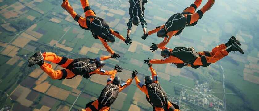 AI generator image of skydivers flying, view from above holding their hands and building a star; they all wear orange jumpsuits and black parachute backpacks