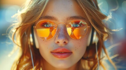 Fototapeta premium Young girl hipster posing in the street listening music, outdoor fashion portrait, 