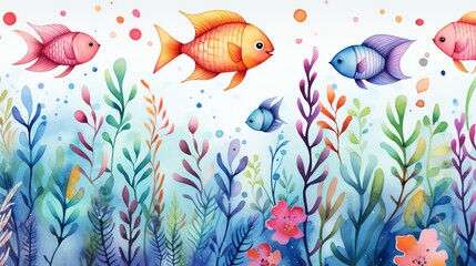Obraz premium Watercolor illustration of colorful fish swimming in a vibrant underwater scene.