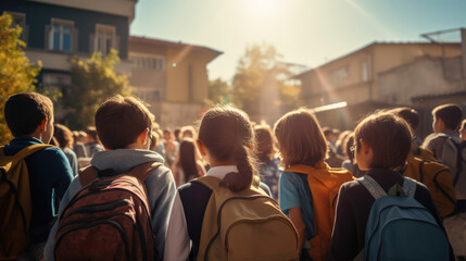 Rear view of little girl wearing backpack and skipping on her way to class on first day back to school on sunny morning