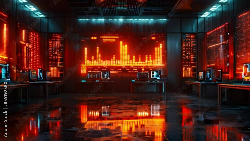 Poster a futuristic data center with numerous computer screens displaying data visualizations and illuminat