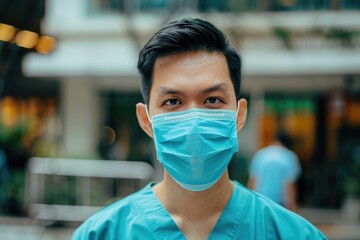 A person wearing a surgical mask stands in front of a building, possibly indicating caution or protection