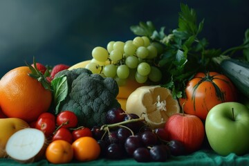 A colorful display of various fruits and vegetables arranged on a table