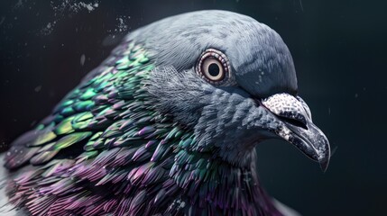 Pigeon s head with green purple and gray hues in close up
