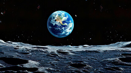 Serene and awe-inspiring view of Earth from the moon with the planet's vibrant colors standing out against the blackness of space and the detailed rugged lunar surface adding depth and perspective 