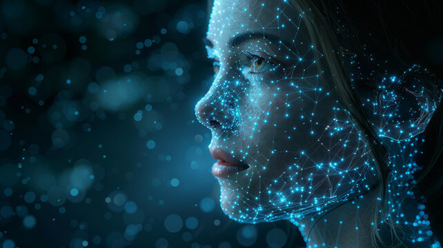 LLM graphics flowting around a wireframe avatar in a black studion space.generative ai