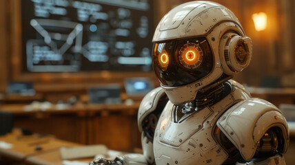 Fototapeta premium In class, a robot teaches math by the blackboard; students learn in warm, orange tones.generative ai