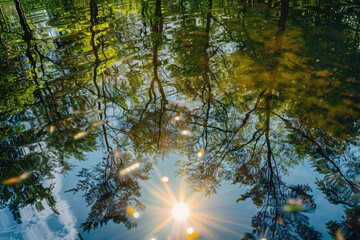 A serene scene of sunlight filtering through tree branches and reflecting off the calm surface of the water
