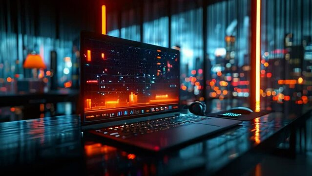 A laptop computer displaying a stock market chart sits on a desk with a nighttime cityscape visible through the window behind it.