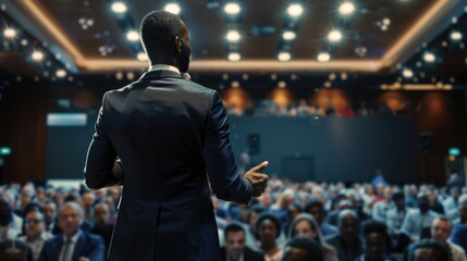 A man in a suit delivering a presentation in a conference setting