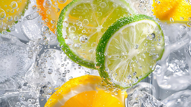 Close-up of lemon and lime slices with bubbles submerged in sparkling water with ice cubes