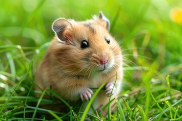 A small rodent sits on the green grass, probably enjoying the sunshine