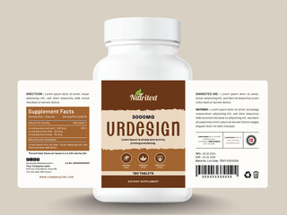 Food supplement vitamin medicine label sticker design dietary drug capsule and tablet modern bottle jar box packaging.