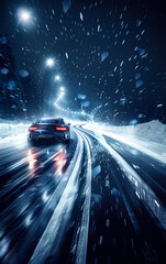 Fototapeta premium High-Speed Car Driving on Winding Road at Night, Dynamic Vehicle on Illuminated Highway, Wet Road Reflections, Motion Blur, Nightscape Adventure
