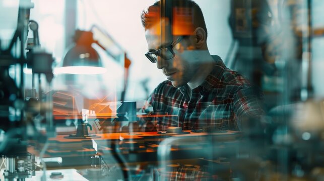 Reflection of a man working on electronic circuit board in the laboratory.