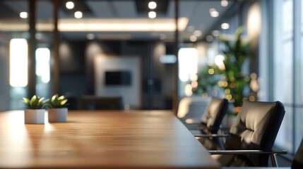 A conference table with a green potted plant adds a touch of nature to the room