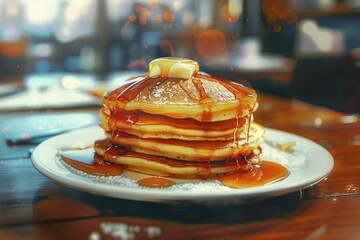 A plate filled with a stack of fluffy pancakes, topped with sweet syrup and melted butter