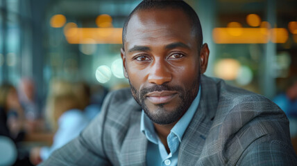 Fototapeta premium Confident African American businessman, sharply focused, leads in a modern office.generative ai