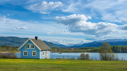 Fototapeta premium Summer landscape with a blue wooden house and a lake
