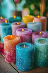 A collection of vibrant candles placed on a rustic wooden surface