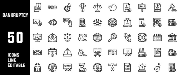 50 Bankruptcy Icons Set Line Editable Vector Illustration