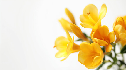 Bouquet of yellow flowers with a white background. The flowers are in a vase and are arranged in a way that they are not overlapping each other. A white background with a bright yellow freesia flower