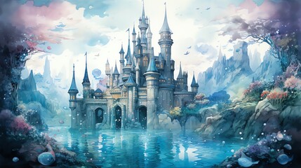 Craft a pattern with mermaids and their sea creature friends attending a royal ball in an underwater castle, depicted in soft watercolors