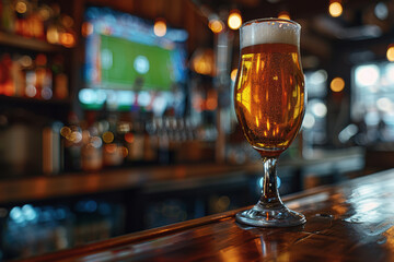 Beer Glass on Bar with Soccer Game on TV