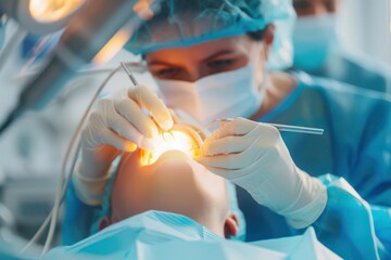 A dental surgeon performing a root canal using advanced equipment