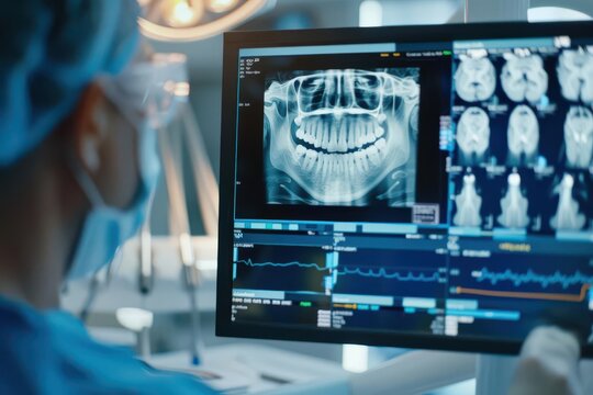 A dentist using 3D imaging to plan a root canal, modern clinic environment