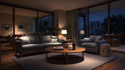 Cozy modern living room at night with dim lighting, stylish furniture, and a serene balcony view, offering a relaxing ambiance.