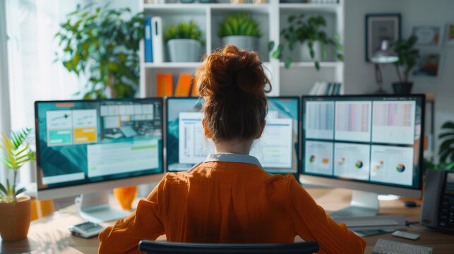 A digital marketer optimizing campaigns on multiple screens, bright modern office