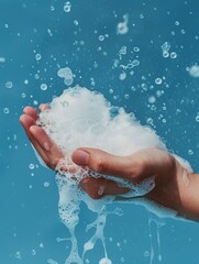 A person's hand holds colorful soap bubbles in mid-air