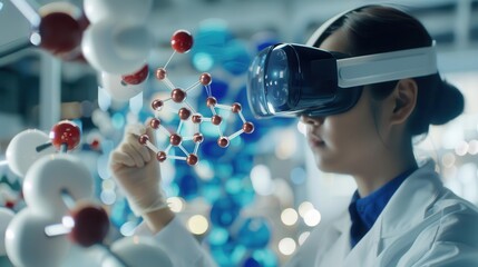 A scientist immersed in virtual reality, using advanced technology for molecular modeling in a futuristic lab setting