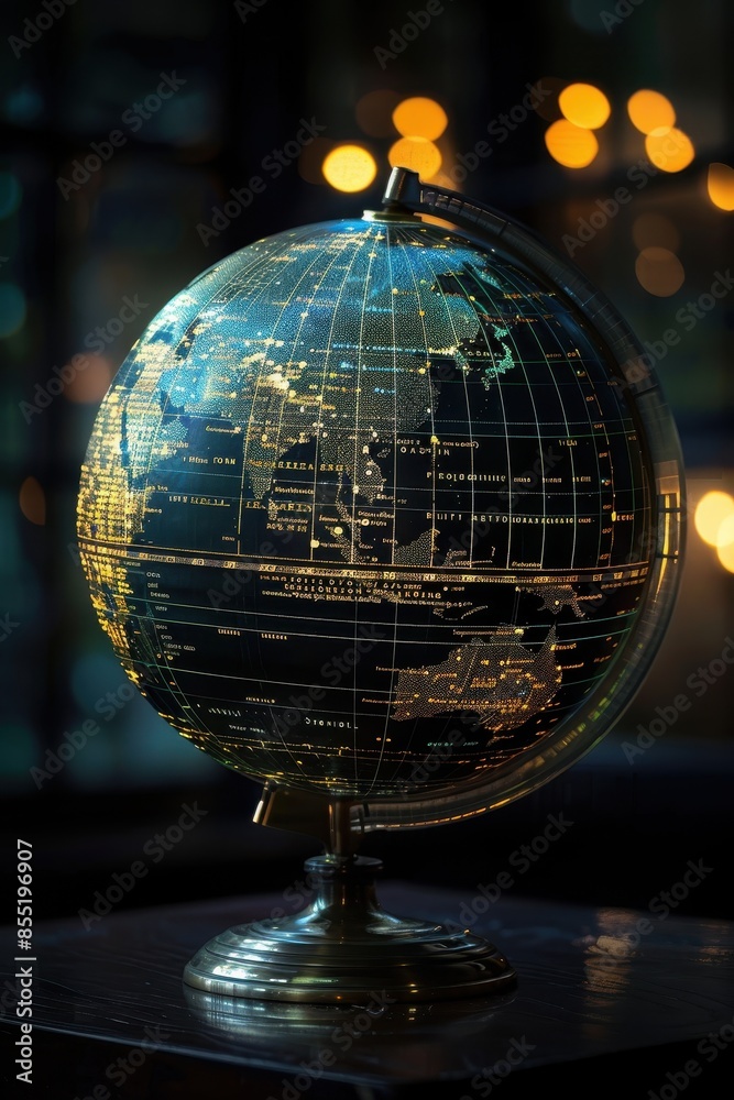 Wall mural illuminated globe with digital financial data