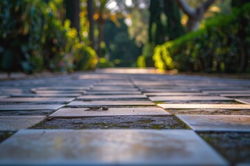 A close-up shot of a tiled walkway surrounded by tall trees, perfect for use in outdoor or nature-themed designs