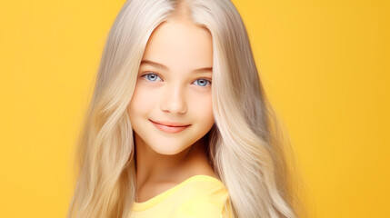 Naklejka premium Portrait of a chic cute beautiful child girl blond with long white hair and perfect skin, yellow background, banner.
