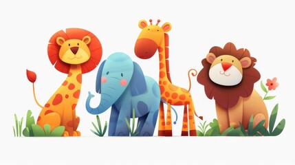Fototapeta premium A charming illustration of cute safari animals, including a giraffe, lion, elephant, and another giraffe, in a playful design