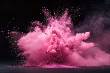 Bright pink paint explosion splash abstract background. Dust explode on black