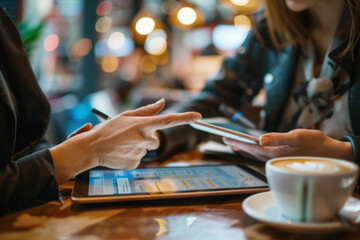 People using smartphones and tablets in a cozy cafe setting, focusing on their screens while enjoying coffee, with a blurred background of warm lights and a relaxed atmosphere