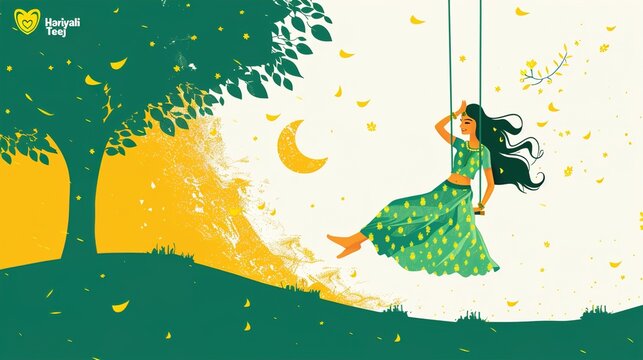 illsuatrtion of indian festival hariyali teej means green teej .woman enjoy the festival with swing in monsoon on beautiful landscape backdrop..