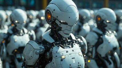 Fototapeta premium A futuristic classroom: robotic students, one puzzled human.generative ai