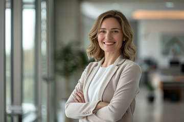Fototapeta premium A businesswoman stands with her arms crossed, smiling confidently at the camera in an office setting