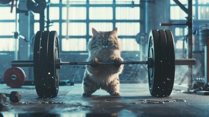 Fototapeta premium A cat lifting barbell in a gym setting